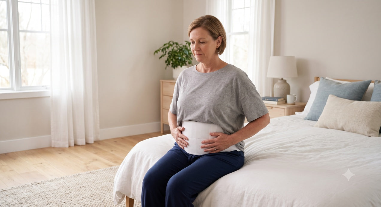 Person wearing a white abdominal binder for post-surgical support and recovery