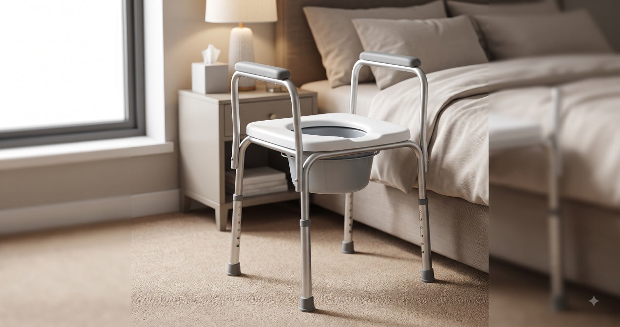 Adjustable bedside commode positioned next to a bed for home patient care