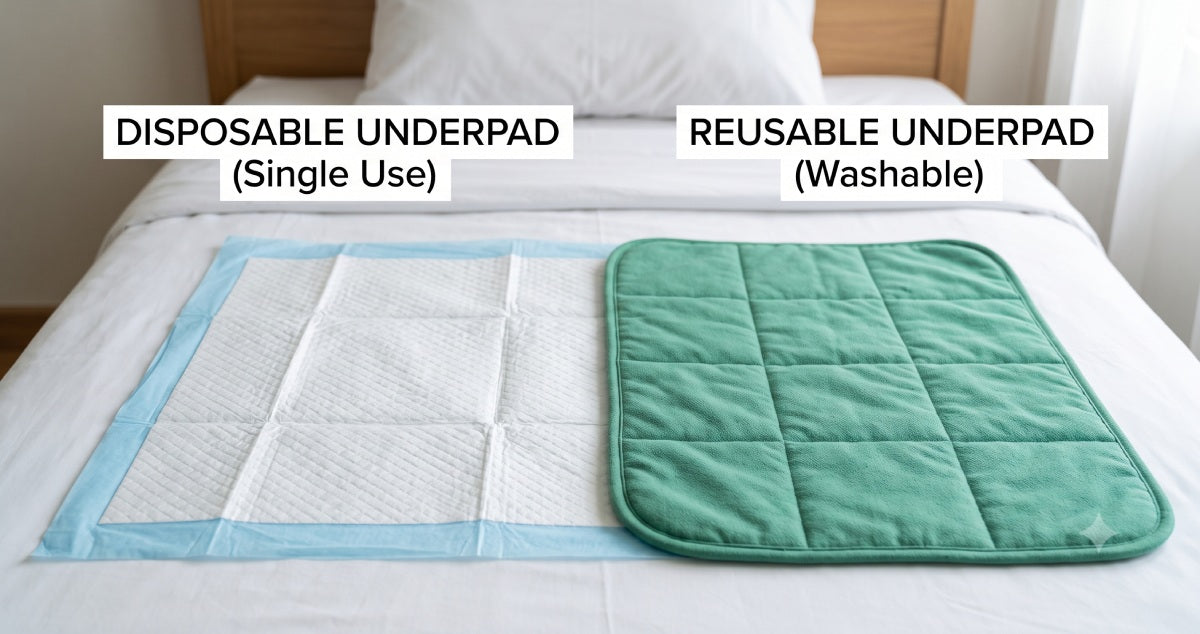 Disposable and reusable underpads laid out for comparison on a bed surface