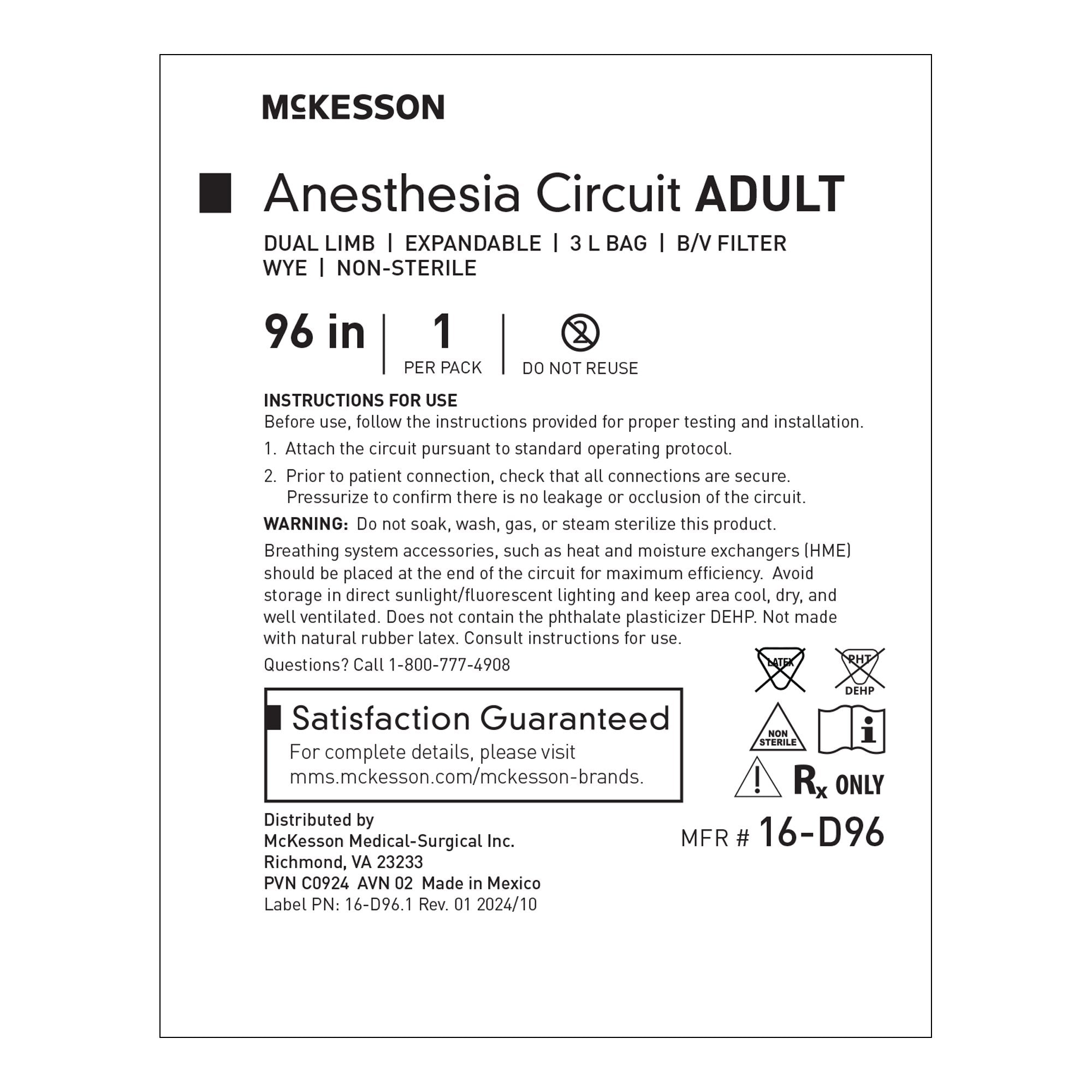 Adult Anesthesia Circuit with 96" Expandable Tubing, 1 BV Filter, 3 L Bag, Dual Limb.