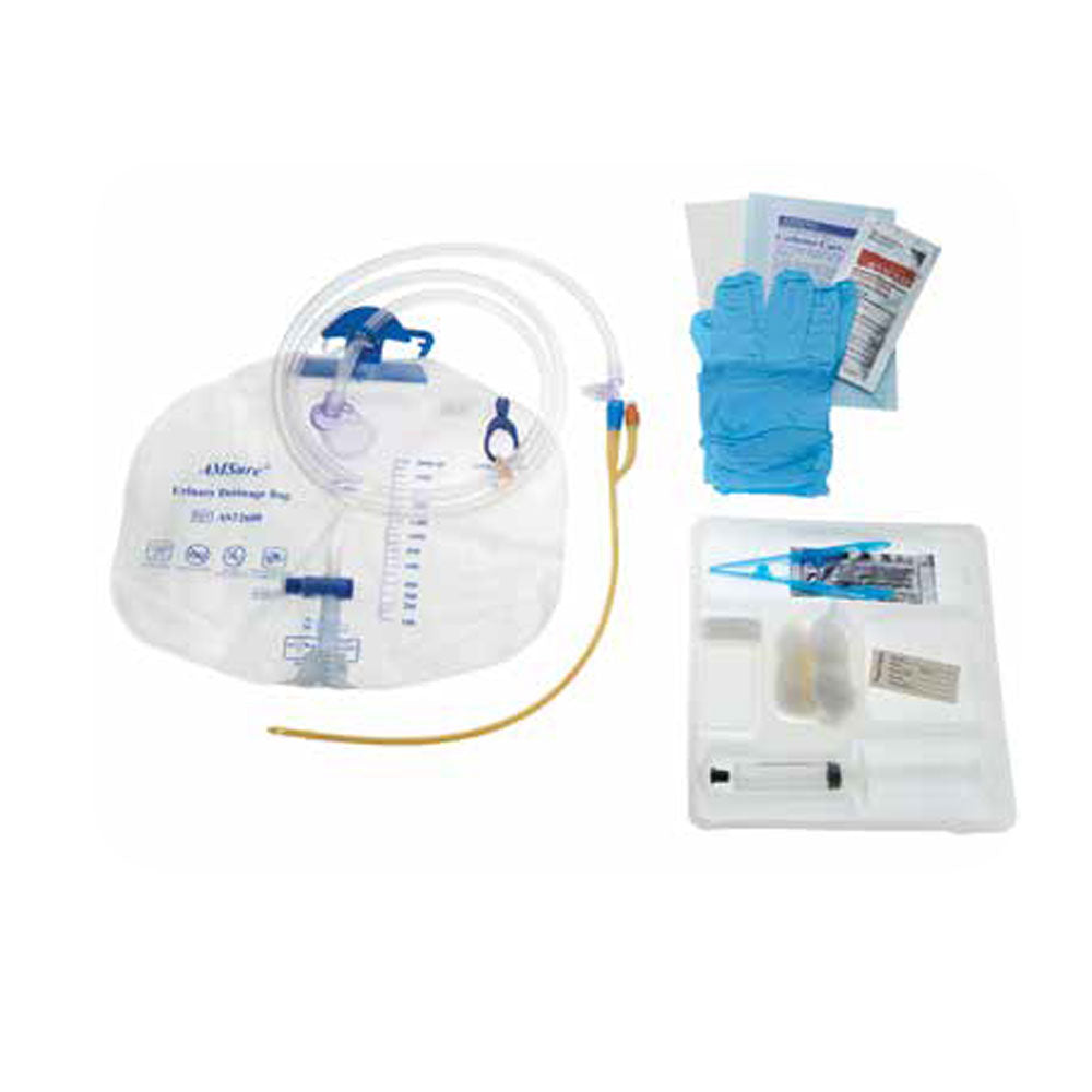 AMSure® Pre-Connected Foley Catheter Urine Drainage Bag Trays 5 cc Balloon Silicone Catheter
