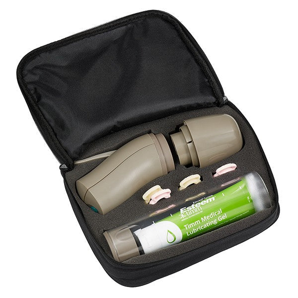 Black travel case with medical items including a beige device and green tube on a white background