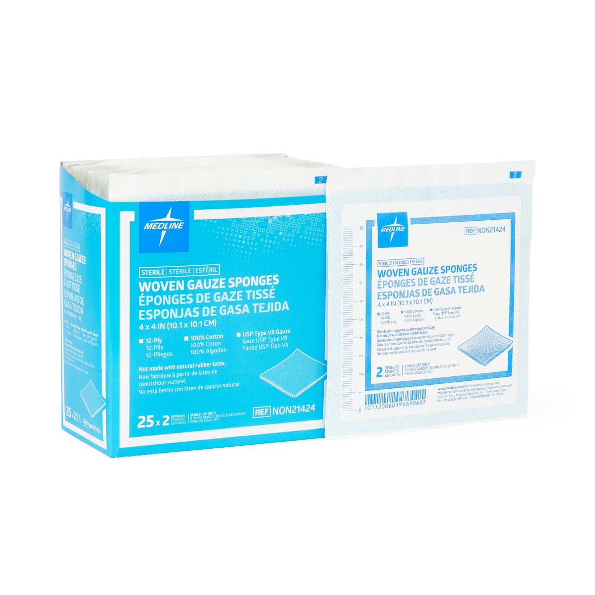 Medline Woven Sterile Gauze Sponges, 4" x 4", 12-Ply, 2/Pack (NON21424)
