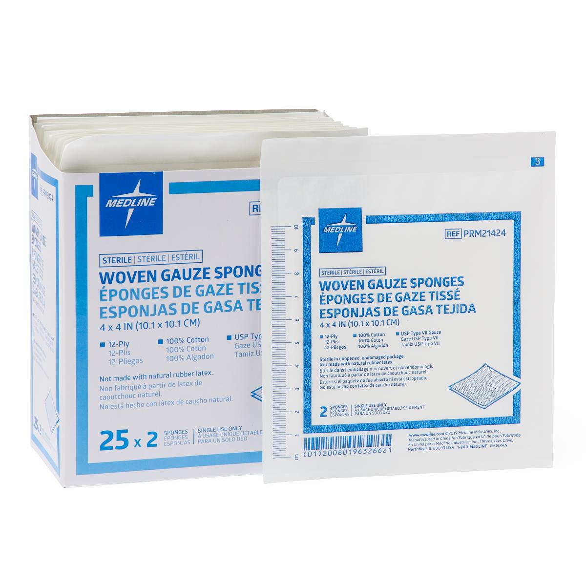 Woven Sterile 12-Ply Gauze Sponges, USP Type VII, 4" x 4" in 2-Packs