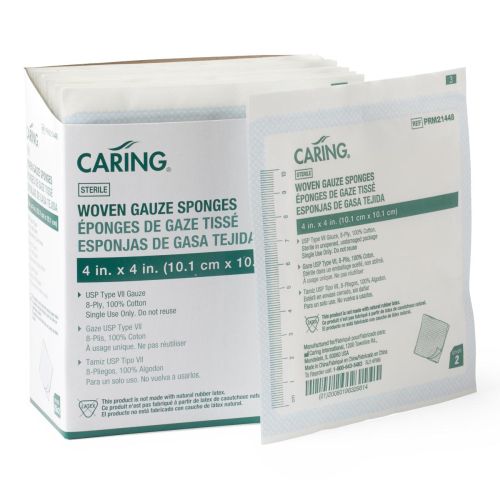 Caring Woven Sterile Gauze Sponges USP Type VII, 8 Ply, 4" x 4" (PRM21448)
