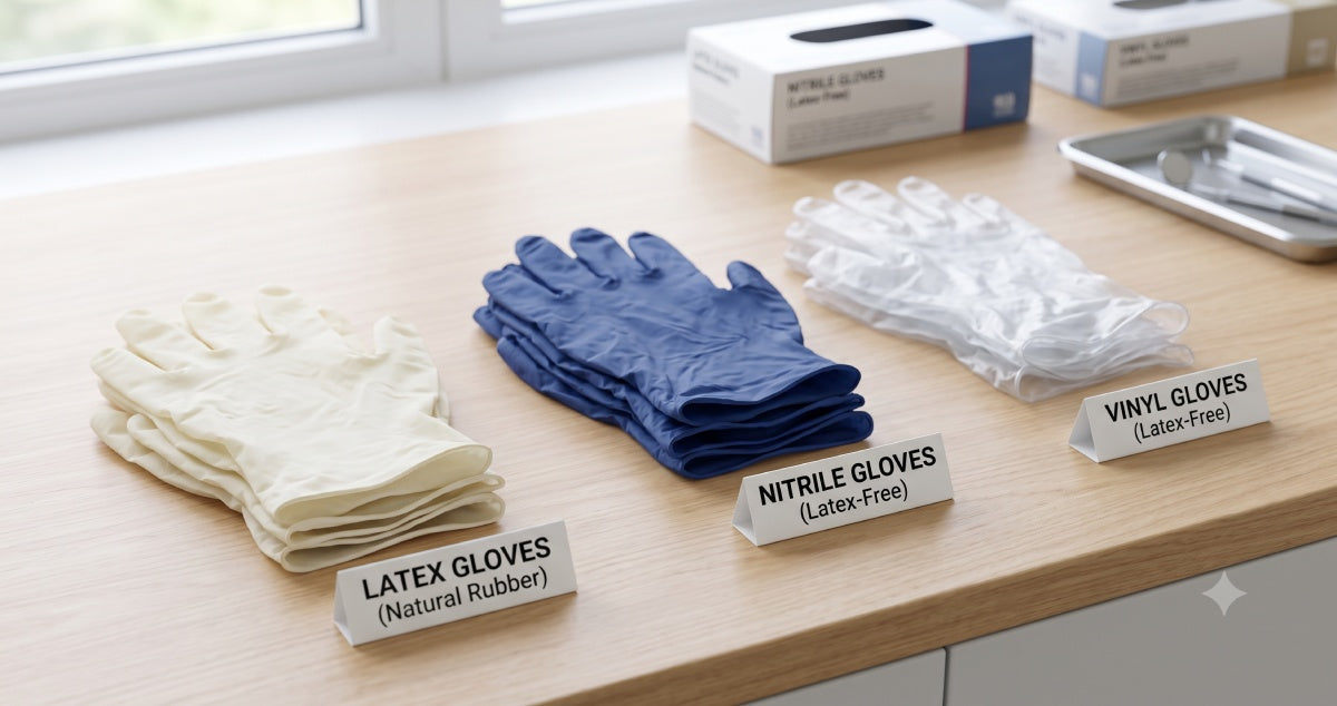 Three types of disposable medical gloves — latex, nitrile, and vinyl — laid out side by side for comparison