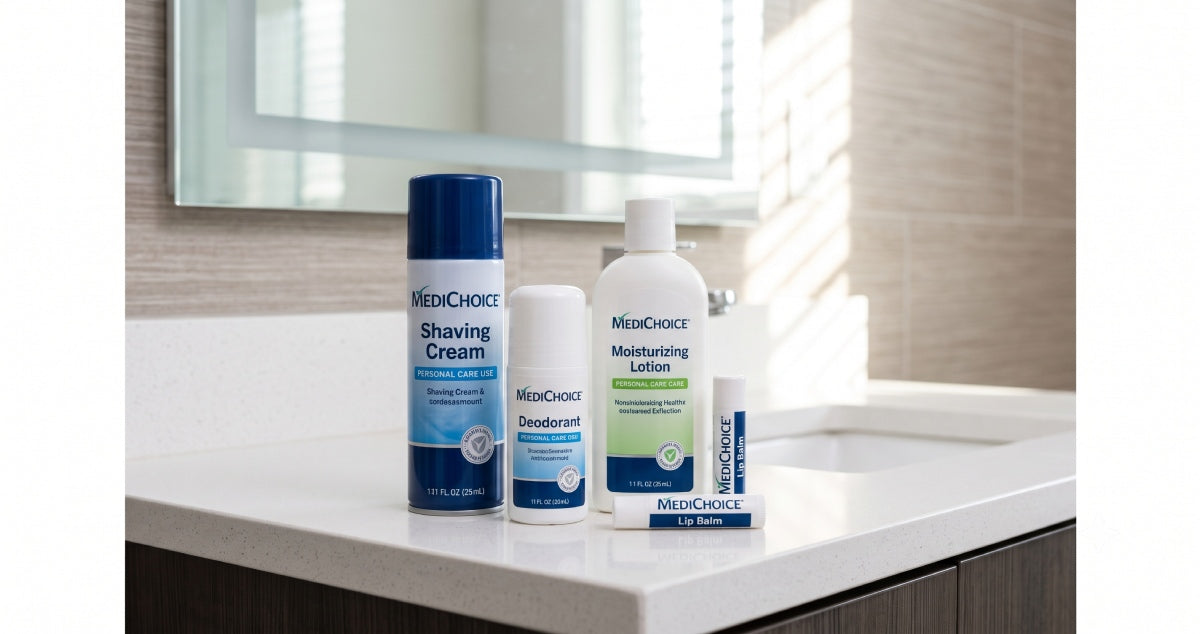 Range of MediChoice personal care products including shaving cream, deodorant, lotion, and lip balm