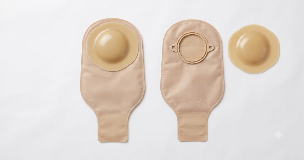 One-piece and two-piece ostomy pouch systems displayed side by side for comparison