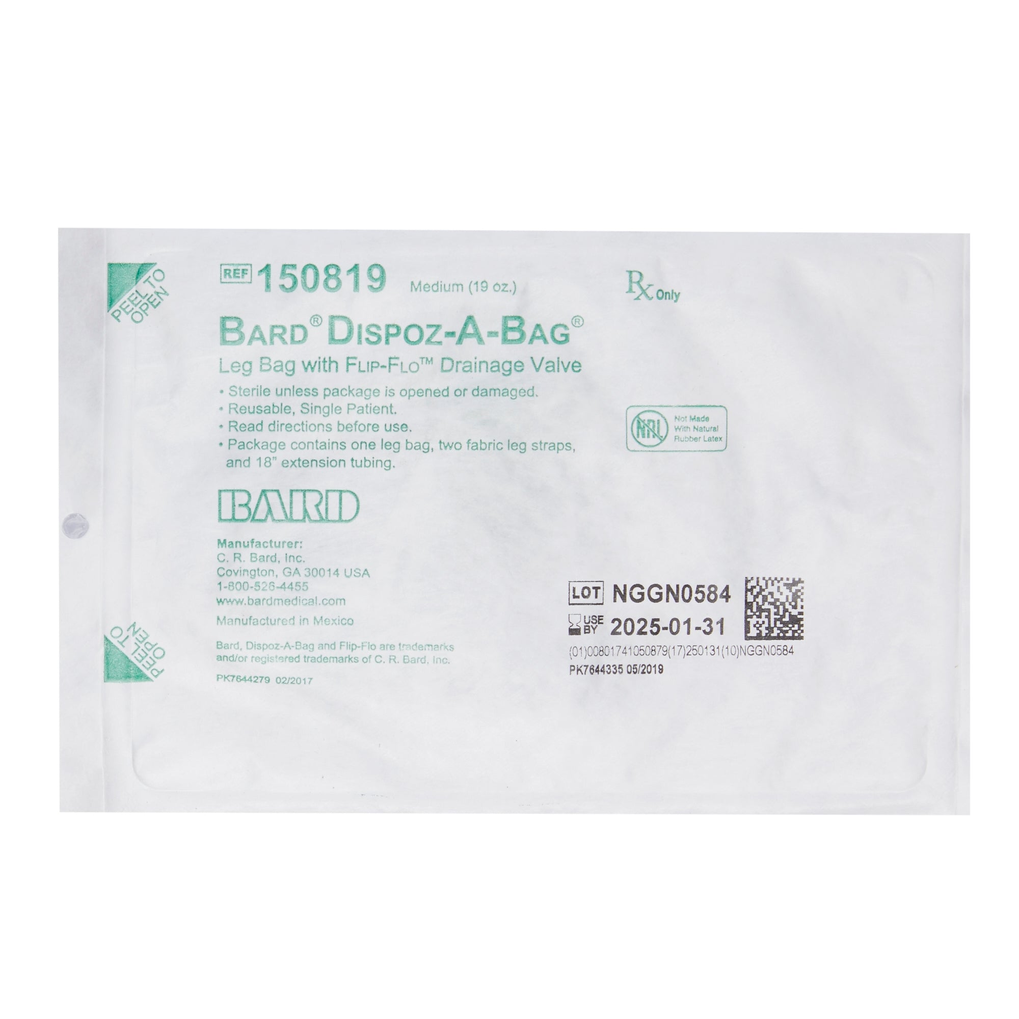 Bard® Urinary Leg Bag  Dispoz-a-Bag® with Fabric Straps (1 Pair), 19 Ounce