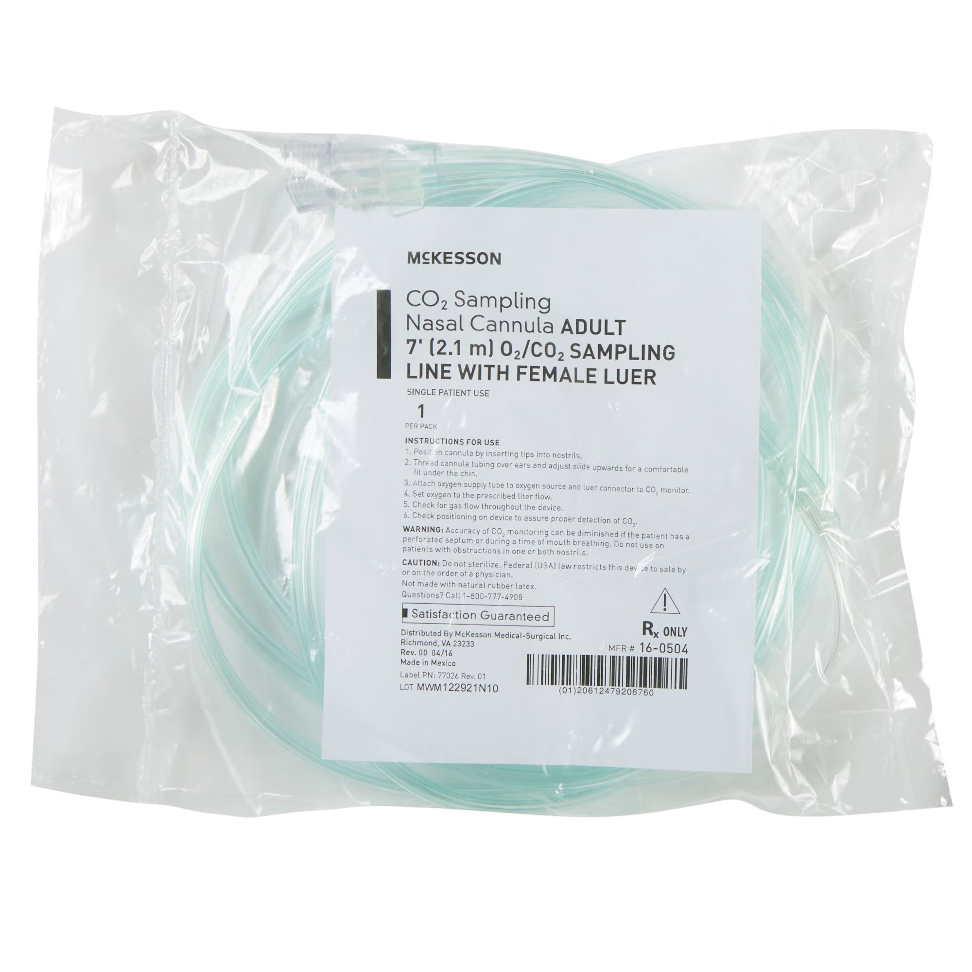 ETCO2 Nasal Cannula McKesson Adult Curved Prongs Tubing Low Flow Rate with female luers
