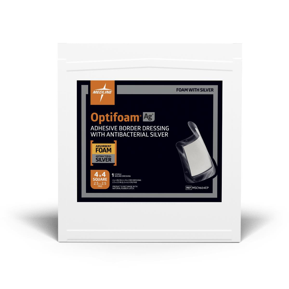 Medline Optifoam dressing with silver. Each dressing has an adhesive boarder with antibacterial silver.