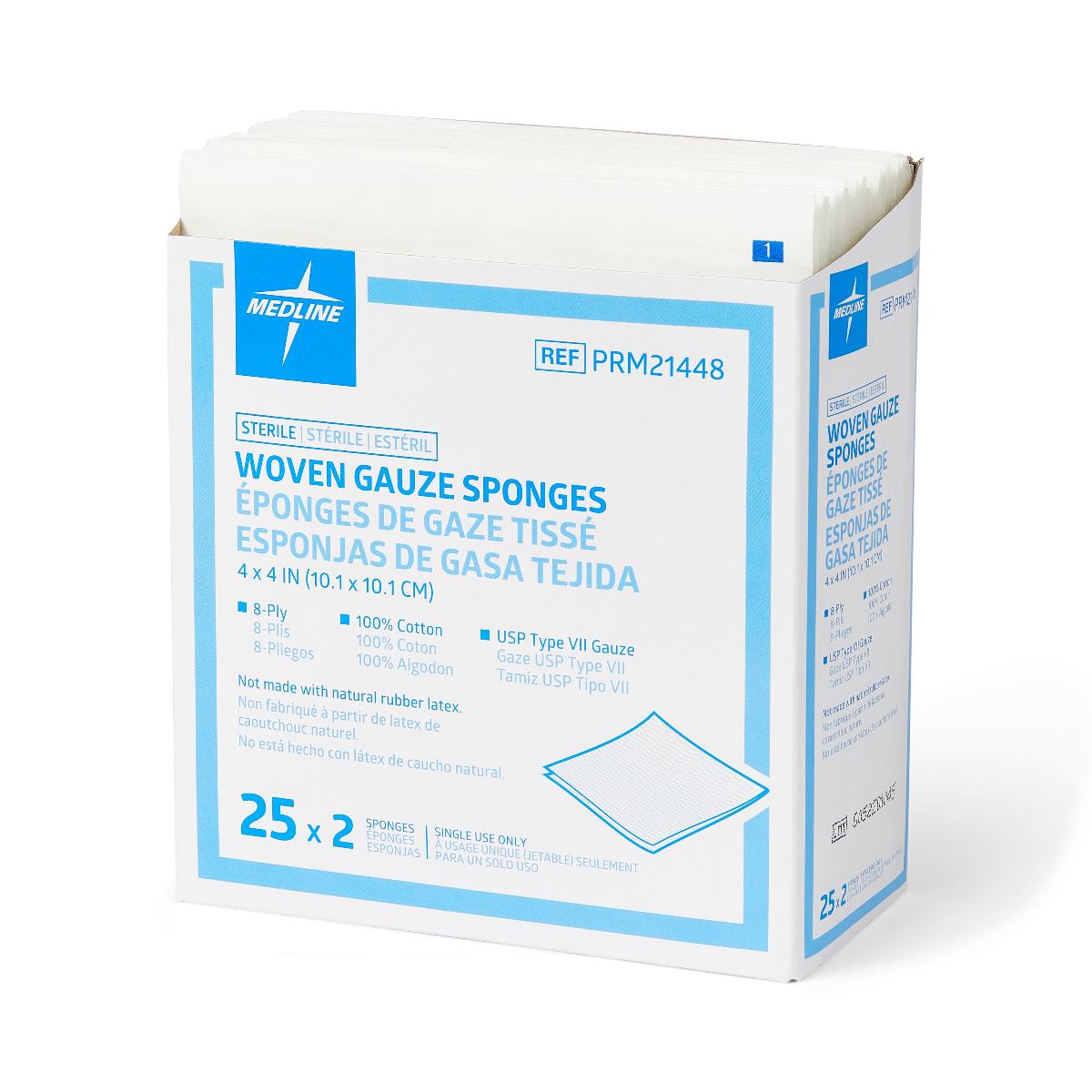 Medline  Woven Sterile Gauze Sponges USP Type VII, 8 Ply, 4" x 4" (PRM21448)