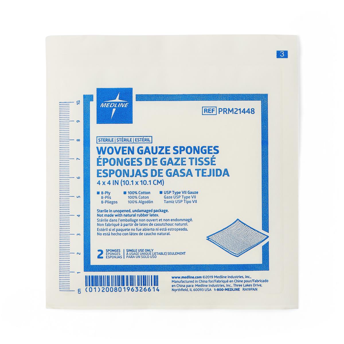 Medline  Woven Sterile Gauze Sponges USP Type VII, 8 Ply, 4" x 4" (PRM21448)