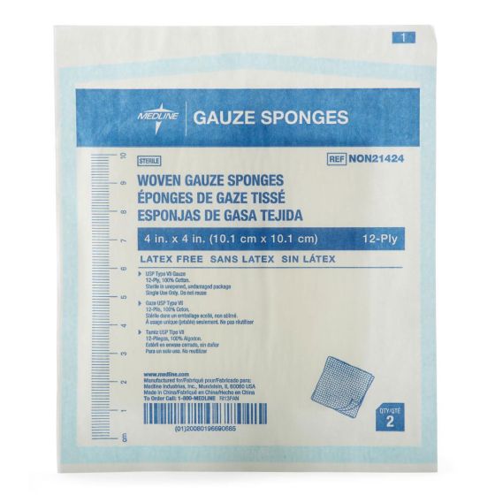 Medline Woven Sterile Gauze Sponges, 4" x 4", 12-Ply, 2/Pack (NON21424)