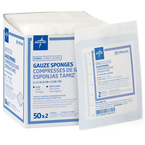 Gauze Sponge 2X2 8Ply Sterile Latex free 2-Pk 100-BX